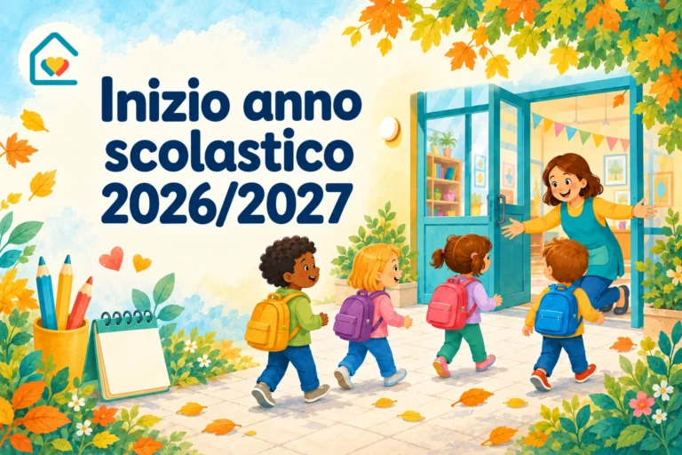 Illustrazione di una maestra che accoglie i bambini per l’inizio dell’anno scolastico 2026/2027